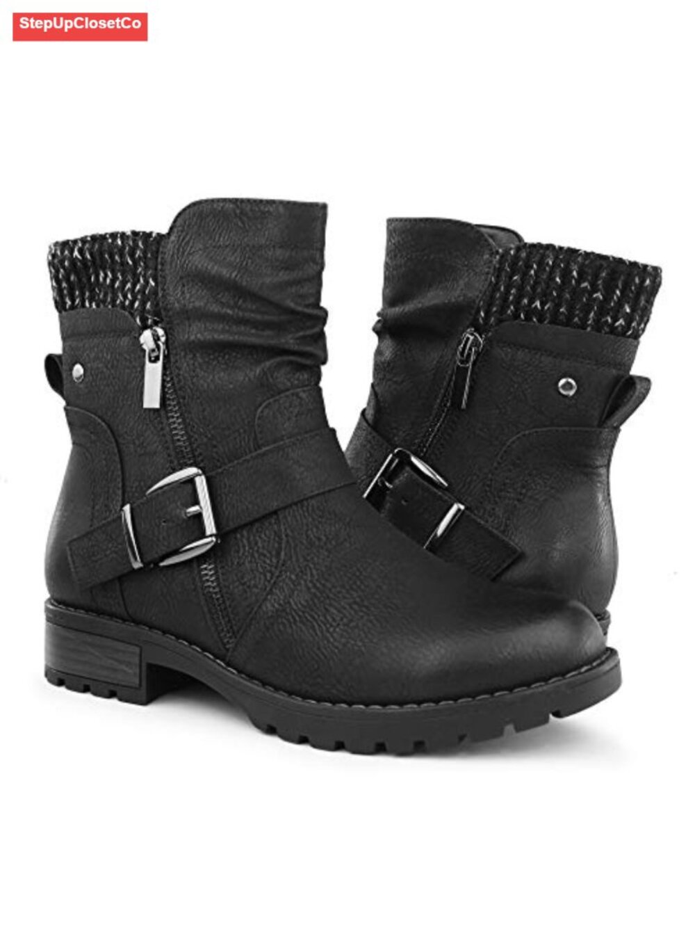 Women's Faux Leather Combat Ankle Boots Side Zipper Buckle Winter Booties